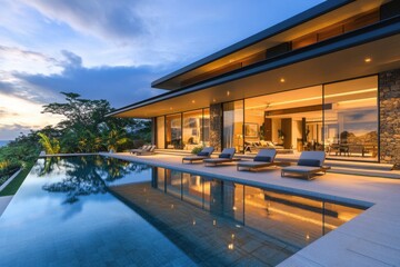 Modern luxury villa expansive glass windows stone facade flat roof