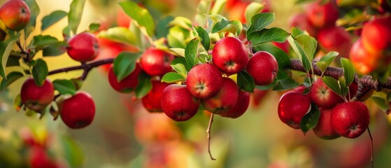 Obraz premium A vibrant image of a red apple tree in full bloom, set against a light blue sky, suggests late summer or early autumn. The apples are shiny and clean, creating a visually healthy scene.