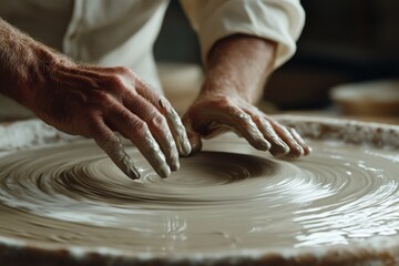 Hands of a potter expertly shape wet clay on a spinning wheel, capturing the essence of craftsmanship and the tactile joy of creation.