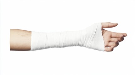 A close-up of a hand with a white bandage wrapped around the wrist and forearm, symbolizing injury, recovery, and medical care in a clean and minimalist setting