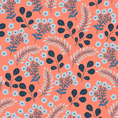 Seamless floral pattern of leaves and flowers. Vector illustration.
