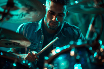 Generative AI Image of a Rock Band Drummer Immersed in Music Performance