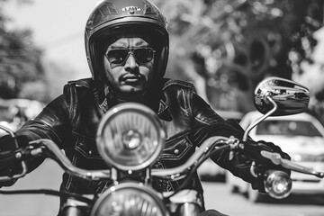 Fototapeta premium Generative AI Portrait of a Bearded Biker in Urban Setting, Wearing Leather Jacket and Helmet, Riding Through Busy City Streets