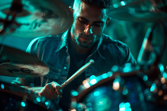 Generative AI Image of a Rock Band Drummer Immersed in Music Performance