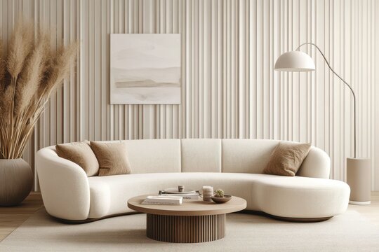 modern minimal living room cream colored curved sofa matching armchair