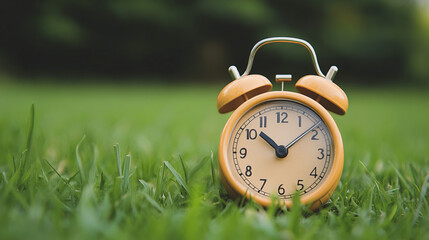 yellow alarm clock in lush green grass