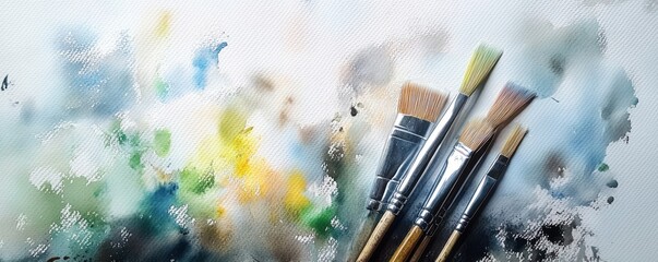 Fototapeta premium A collection of paintbrushes on a colorful, abstract background, emphasizing creativity.