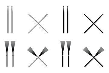Crossed drumsticks and drum brushes vector icon set. Percussion instrument tools, drum accessories, music equipment. Black silhouette isolated on white background.