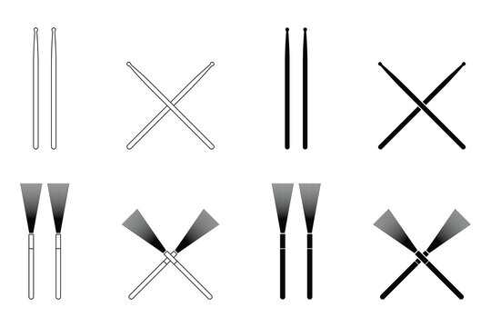 Crossed drumsticks and drum brushes vector icon set. Percussion instrument tools, drum accessories, music equipment. Black silhouette isolated on white background.