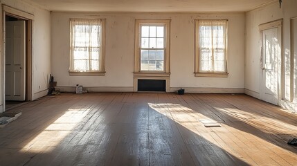 Empty Room, Worn Wooden Floors, Natural Light Streaming Through Vintage Windows, Awaiting Renovation