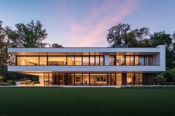 Fototapeta premium Modern minimalist house large glass windows sleek white exterior two story design