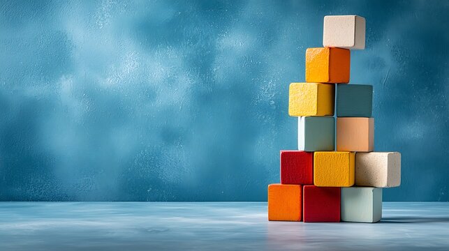 A variety of brightly hued building blocks in various shapes and sizes are artfully arranged in a precarious tower on a vibrant blue background, creating a visually striking and dynamic composition.