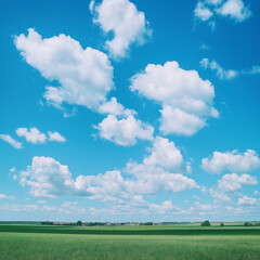 Peaceful green grassland and blue sky with scattered clouds near the horizon, photographed in high...