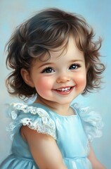 A beautiful young girl, wearing light blue and smiling happily at the camera