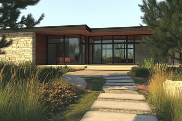 Obraz premium Modern minimalist house sleek architectural design large glass windows flat roof