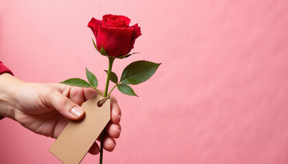 Hand holding a red rose with a tag against a pink background for a romantic gesture on Valentine’s Day