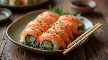 Beautifully Arranged Sushi Plate with Chopsticks and Soy Sauce