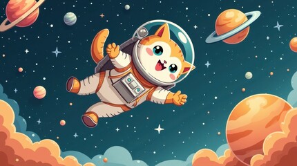 Naklejka premium Cat Astronaut in Space with Airplane