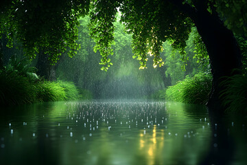 Obraz premium Rain falling on a calm river in a lush green forest.