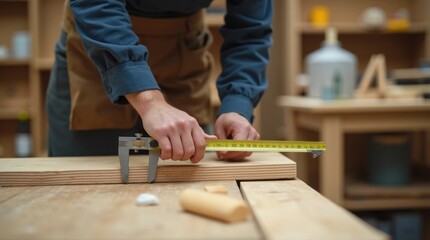 Carpenter Measuring Wood in Workshop