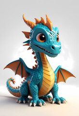 Fototapeta premium Cute dragon illustration in 3d cartoon style and expressive features, posed dynamically on a clean white isolated background, casting deep studio