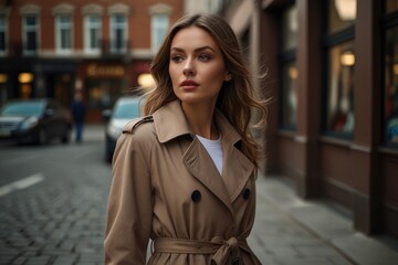 Elegant woman in trench coat wandering urban streets at sunset