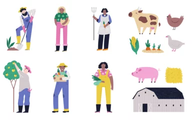 Naadloos Fotobehang Airtex Set of vector illustrations of gardeners, farmers doing agricultural works. Illustration of farm animals cow, hen, pig. © danceyourlife