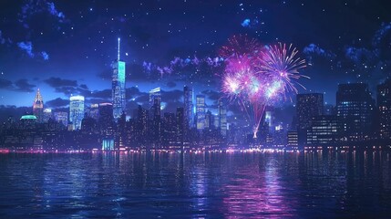 Night cityscape with fireworks reflecting on water.