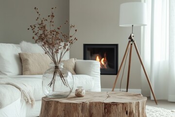Modern minimalist living room cozy white sofa rustic wooden coffee table