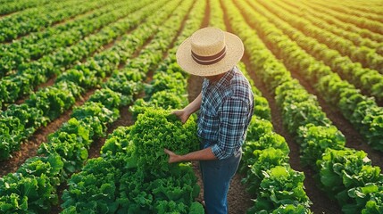 Farmer Harvesting Fresh Green Lettuce In Field