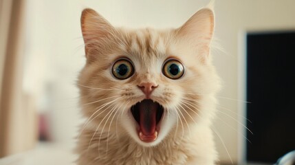 White cat with a hilarious, shocked expression, mouth wide open in a moment of surprise.