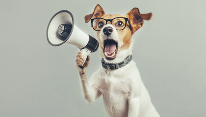 Fototapeta premium Jack Russell dog with glasses holds megaphone in paw, screaming into it. Light grey background, studio shot captures playful, energetic mood with clear focus on dog’s expressive face and detailed fur.