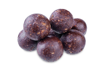 Nuts dates cocoa powder vegetarian balls on a white isolated background