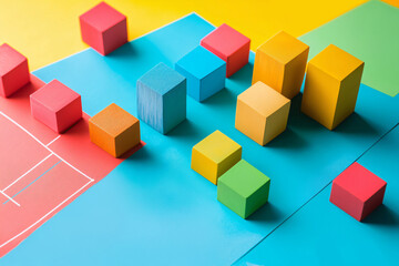 Fototapeta premium Colorful blocks are arranged on a blue surface, symbolizing the development of a strategic plan