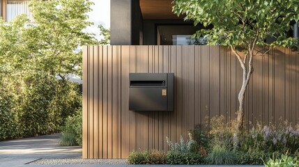 Naklejka premium A sleek, modern parcel delivery box embedded in a wooden fence, harmonizing with the house's exterior design and offering an unobtrusive storage solution