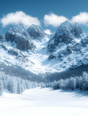 Obraz premium Snowy mountain range with valley and coniferous forest.