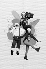 Collage photo banner of different christmas people dancing listen vintage music boombox celebrate xmas party event isolated on painted background