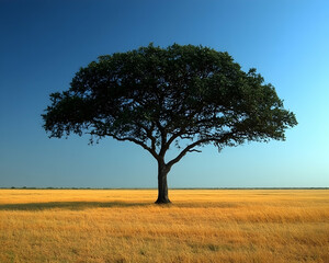 Obraz premium Solitary tree in golden savanna under a vibrant blue sky.