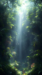 Sunbeam illuminating lush rainforest.