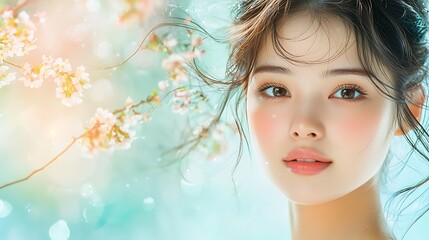 Fototapeta premium The woman's complexion was luminous, with a soft, ethereal glow emanating from her skin, giving her a radiant and serene aura