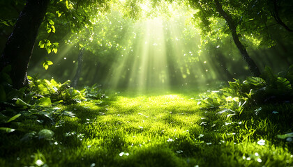 Obraz premium Sunbeams illuminate a lush green forest floor.
