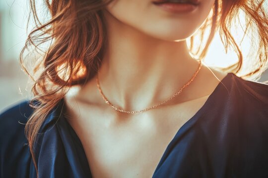 woman, beauty, neck, neckless, gold, jewelry, hair, fashion, face, model, person, glamour, people, brunette, long, one,, lips, sensuality, smile, elegance, studio, skin, smiling, make-up, head, closeu