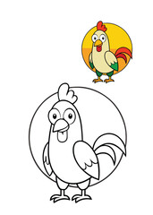 A delightful coloring page featuring a cheerful rooster with a big smile, fluffy feathers, and a vibrant tail. Perfect for kids to explore their creativity and love for animals!