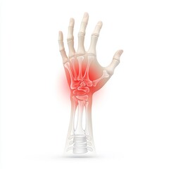 Anatomical Illustration of a Human Hand Showing Joint Pain and Inflammation in the Wrist and Fingers with Labeled Bone Structure for Medical Education