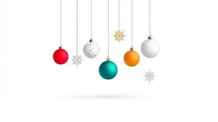 Colorful Christmas Ornaments Hanging on Golden Strings with a White Background, Perfect for Holiday Celebrations and Seasonal Decorations