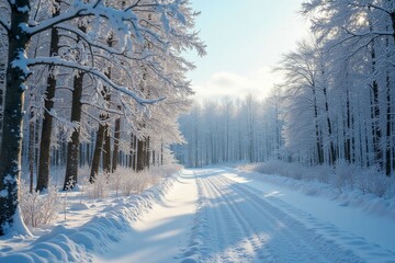 snow covered road in the forest