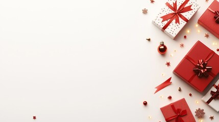 Fototapeta na wymiar Festive Christmas Gift Boxes with Red Ribbons and Decorative Ornaments on a White Background Creating a Cheerful Holiday Atmosphere