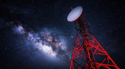 A communication tower, adorned with a massive antenna, stands against the backdrop of a starry night sky, with the Milky Way in the distance.
