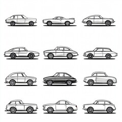 Series of illustrations presenting classic car coupes in various body styles, featuring hatchbacks and sports cars