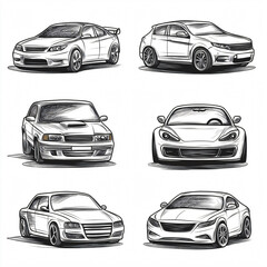 Obraz premium Six different cars drawn with black lines on a white background, showcasing various vehicle models and designs